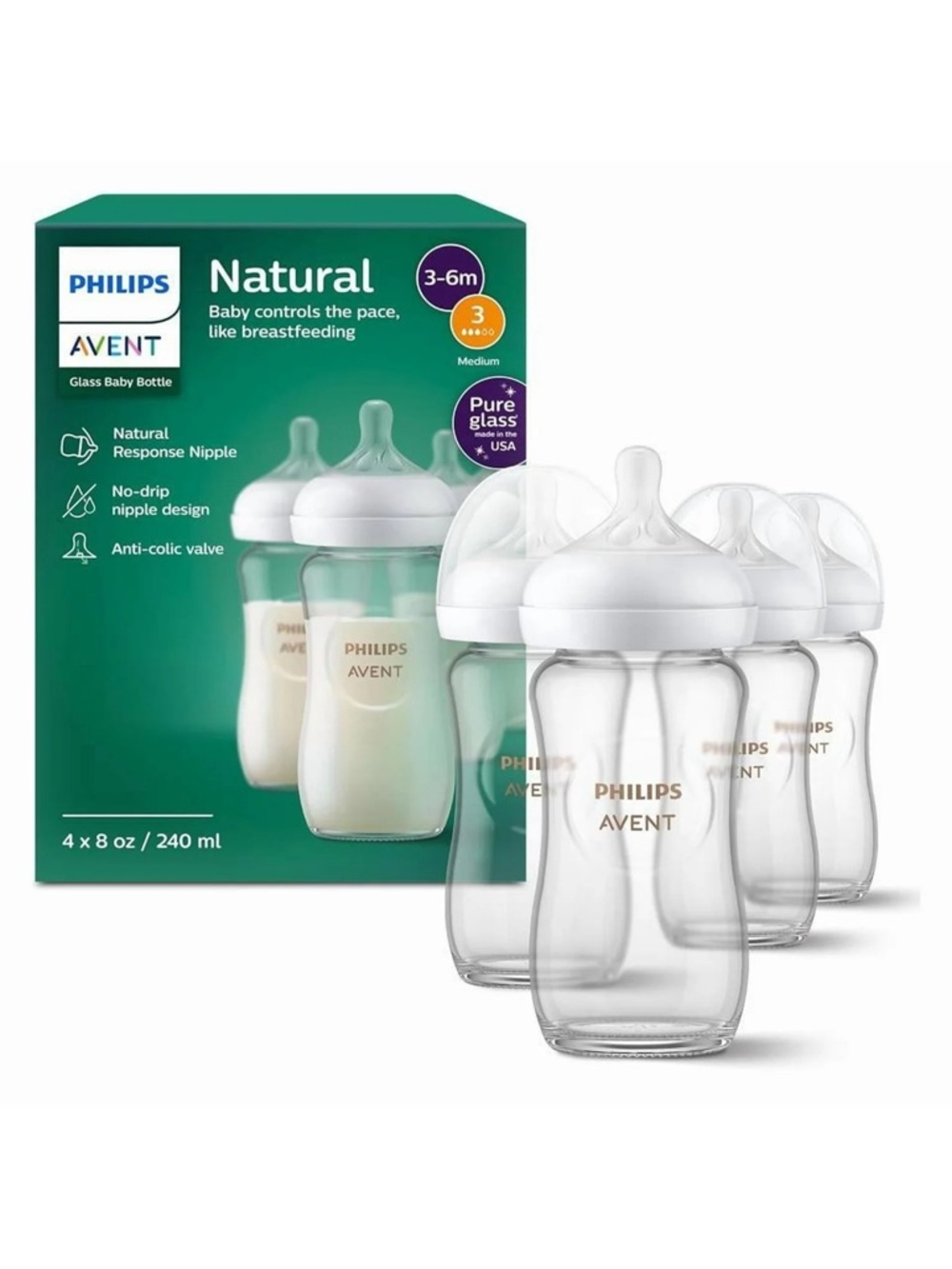 Philips Avent Glass Natural 8oz Baby Bottles - Clear (4 Pack)